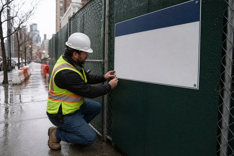 Supervisor Checks Construction Sign After Rain