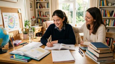 An inspiring secondary school student studying confidently at a bright desk surrounded by books, mathematics notes, science diagrams and colorful educational materials with supportive parent or mentor